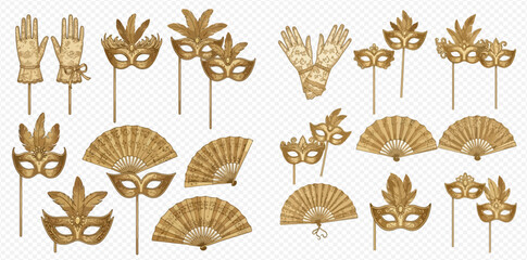 Set of golden masquerade masks, fans, and gloves on sticks for carnival or party decoration. © MuammarAuliyan