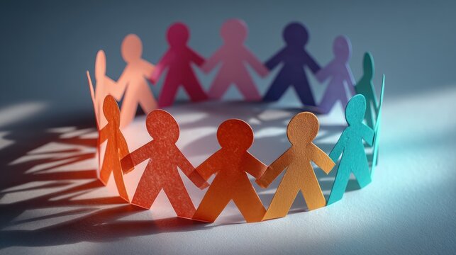 A colorful paper chain of paper cutouts of people in a circle, with a gradient background.