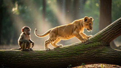 A lioness and a monkey interact on a fallen tree trunk in a sunlit forest with warm tones.