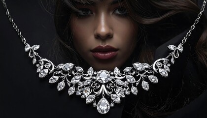 Elegant woman with a lavish diamond necklace against dark backdrop, emphasis on beauty and luxurious jewelry