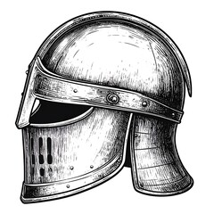 Etched line art of a metal knight's helmet viewed from the side with detailed shading