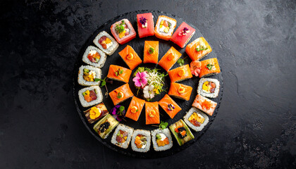 Naklejka premium Artistic Sushi Rolls – Beautifully Plated Fresh Japanese Food Stock Photo