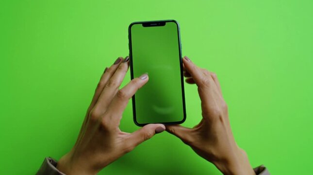Hands holding a smartphone against a green screen background