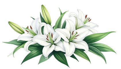 Digitally painted cluster of white lilies with green leaves, on black background