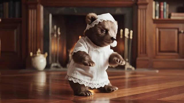 A small bear cub dressed in a white nightgown and nightcap stands on a polished wooden floor in front of a cozy fireplace.