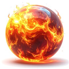 Fiery orb. Glowing flames envelope a sphere, casting light with wisps of smoke on a white surface