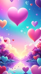 Floating heart balloons adorn a whimsical pastel landscape reflected in water beneath a vibrant, dreamlike sky