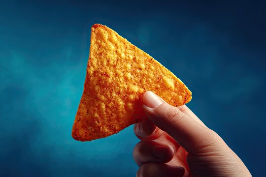 A hand holds a single, seasoned orange dorito chip against a blue background, ready to be eaten.