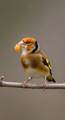 Fototapeta premium European Goldfinch Perched on Branch with Berry in Beak.