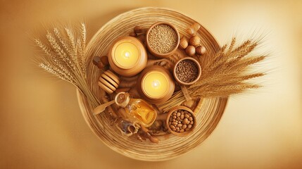Golden Harvest Still Life With Wheat, Candles and Natural Grains