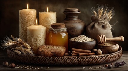 Rustic Harvest Still Life With Honey, Wheat and Candles