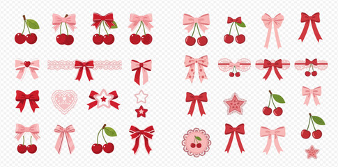 Collection of cute pink and red bows, ribbons, stars, and cherry illustrations on a transparent background.