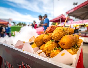 Focus on a tray of corn dogs at an outdoor event with blurry people and tents in the background, under a blue sky