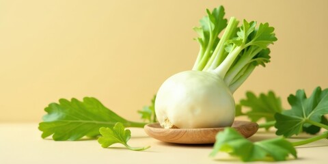 Freshly Harvested Turnip with Vibrant Green Tops Resting on a Simple Wooden Dish Against a Soft Beige Background
