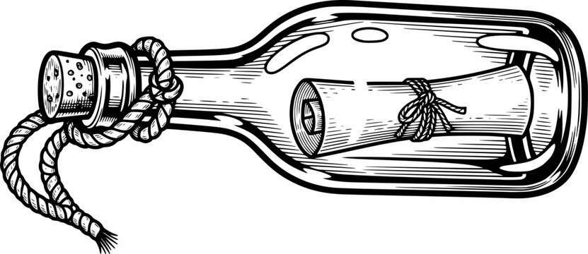 Engraved illustration featuring a message in a bottle connected
