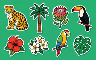 Obraz premium Tropical Wild Animals and Exotic Flora Sticker Set Illustration