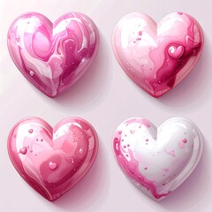 Four pink & white swirl hearts, glossy finish, arranged on a white surface, lit from above, casting a soft shadow