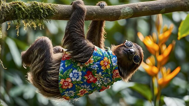 A cute sloth wearing a vibrant floral Hawaiian shirt hangs upside down from a tree branch in a lush tropical jungle.