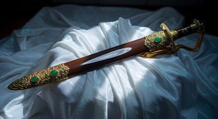 Naklejka premium An ornate ancient sword with jade embellishments rests on flowing white silk.