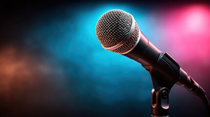 Obraz premium Microphone on Stand with Dramatic Blue and Pink Backlighting at an Event Ready for Performance and Speech Against Dark Stage Backdrop