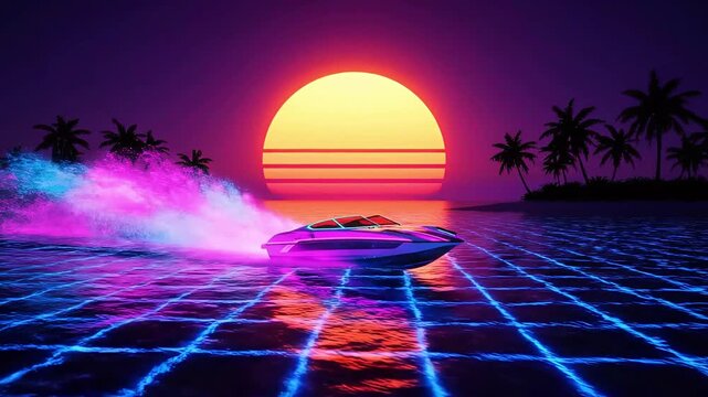 Futuristic 80s synthwave style speedboat moving on neon grid water with sunset and palm trees