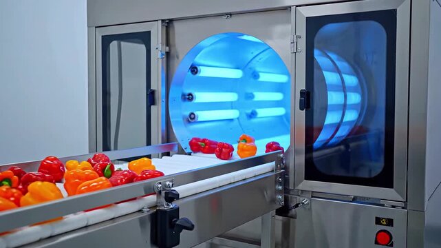Fresh bell peppers moving on conveyor belt through ultraviolet light sterilization machine in food factory