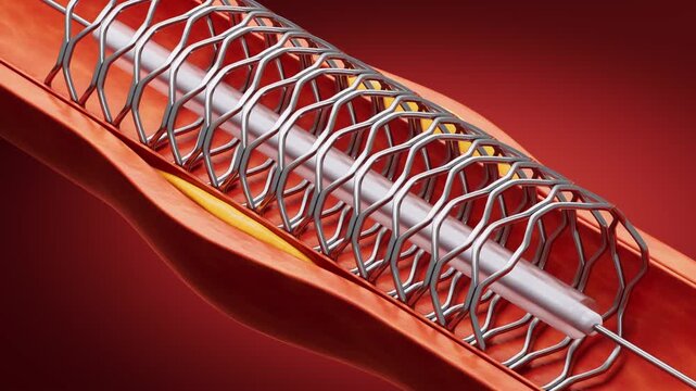 Medical animation showing balloon angioplasty procedure with stent expansion in clogged artery with cholesterol plaque