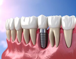 Dental implant with teeth, gum and blue sky. Illustration for dental health