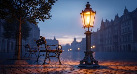 Evening Serenity - Illuminated Lamp Post and Empty Bench in Prague.