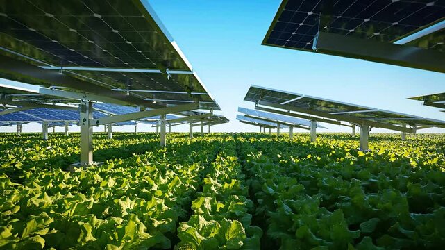 Sustainable agrivoltaics farm with solar panels installed above green lettuce crops on a sunny day