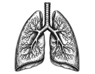 Detailed monochrome illustration of lungs with intricate branching structure, trachea, on a white background