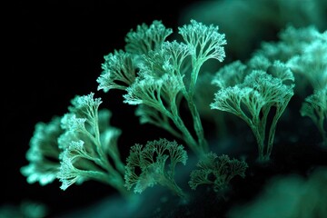 Close-up of bioluminescent, tree-like structures with branching forms against a dark background