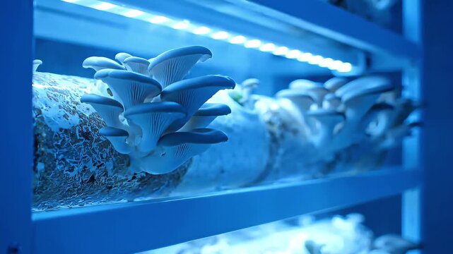 Fresh oyster mushrooms growing on substrate under blue led lights in modern indoor farm