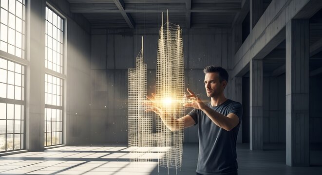 Architect visualizes skyscraper project using futuristic holographic augmented reality interface
