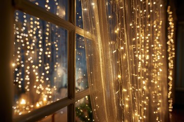 Illuminated strings of lights visible through a window with sheer, delicate curtains