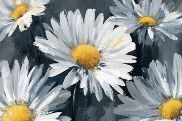 Close-up of large, white daisies with yellow centers, painted against a dark gray background