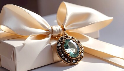 Gift box, with satin bow, detailed pendant with blue gemstone and smaller gems, sitting on a smooth surface
