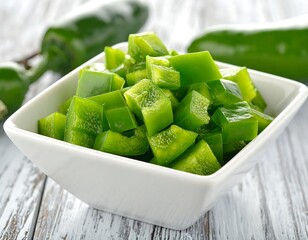 Diced green bell peppers fill a white square bowl on a light wooden surface. Peppers are blurred in the background
