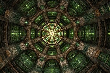 Overhead perspective of a complex, intricate, geometric structure with a central light source