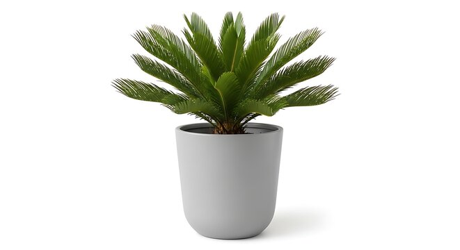 Green sago palm in gray pot isolated on white background