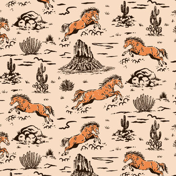 horse illustration seamless graphic desert design pattern vintage cactus ornament background