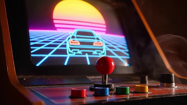 Close up of retro arcade machine joystick and buttons with synthwave racing game on screen