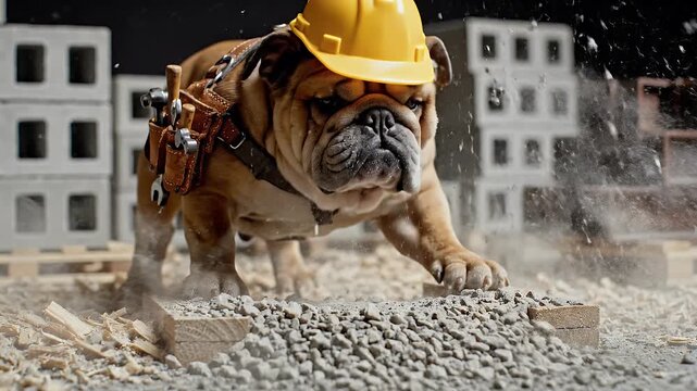 A determined bulldog wearing a yellow hard hat and tool belt pushes a pile of gravel on a dusty construction site with concrete blocks in the background.