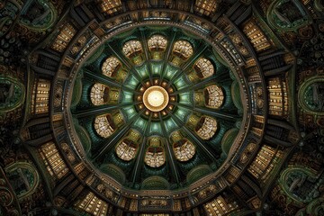 Ornate ceiling perspective, symmetrical design with stained glass and central light source