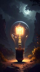 Glowing lightbulb illuminates a rocky path under a moonlit, cloudy sky amidst mountains and sparse vegetation