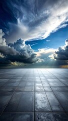 Dramatic sky and tiles meeting, light piercing through clouds