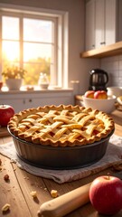 Golden apple pie on a wooden counter in a bright kitchen, with apples and a rolling pin nearby