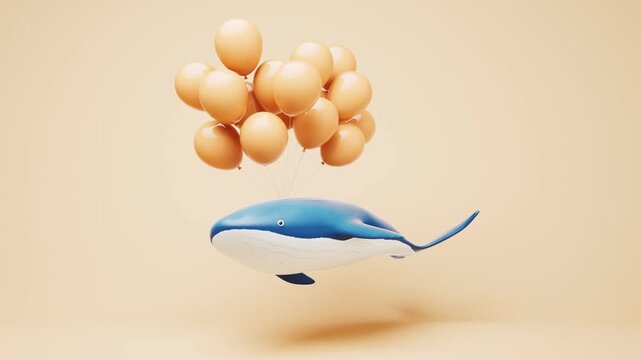 A heartwarming 3d animation of a blue whale gracefully floating upwards while being carried by a whimsical bunch of golden balloons against a soft, light brown background