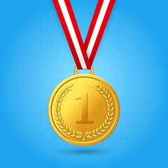 Golden medal for first place suspended on red/white ribbon against solid blue background