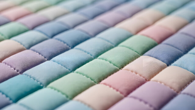 Close-up macro view of a colorful puffy quilted pattern with square blocks in soft pastel hues including teal, pink, lilac, and cream, showcasing detailed stitching and tactile texture for cozy home